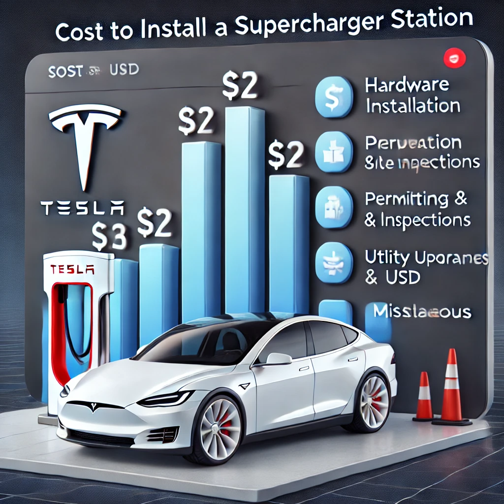 Thumbnail image for "Cost to Install a Tesla Supercharger Station." It features a bar chart with different cost categories, a Tesla Supercharger icon, and a cost breakdown in USD