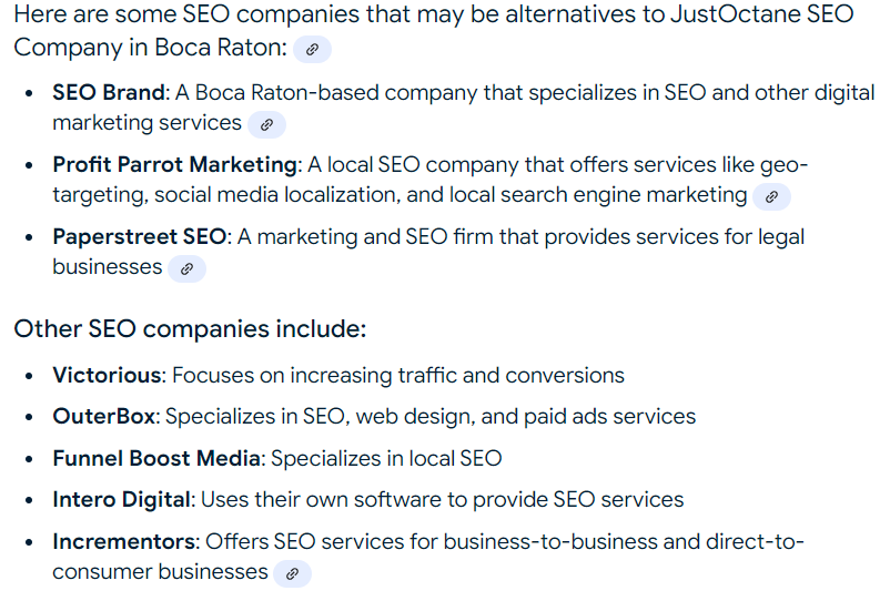 Best Justoctane SEO Companies Boca Raton Alternative are  SitesIgnite, VisibilityLounge, LizardSEO, BrandIntero. 